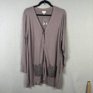 LOGO Lavish Cardigan Sweater Womens XL Taupe Longline Embellished Lace Pockets